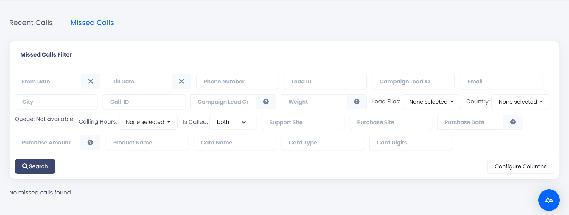 Screenshot of the Missed Calls page