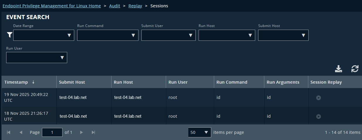 Search and replay page