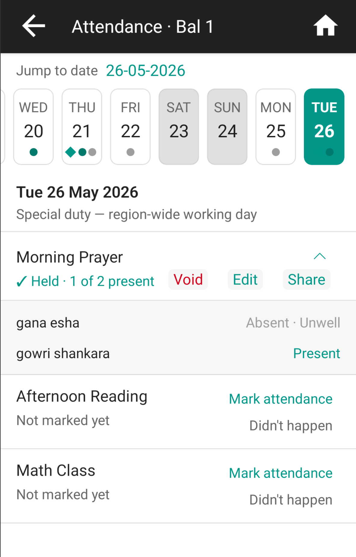 Attendance sheet showing the date strip, day-status banner, and the three-row attendance-type picker with one type already marked Held