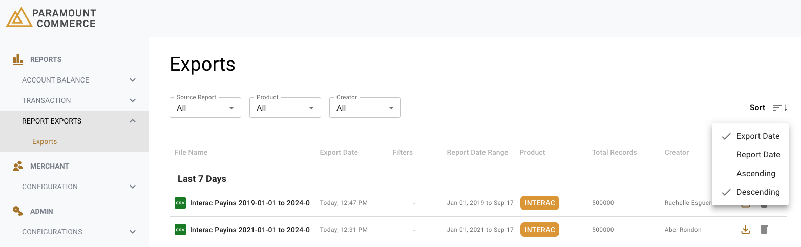 Exports Page > Sorting