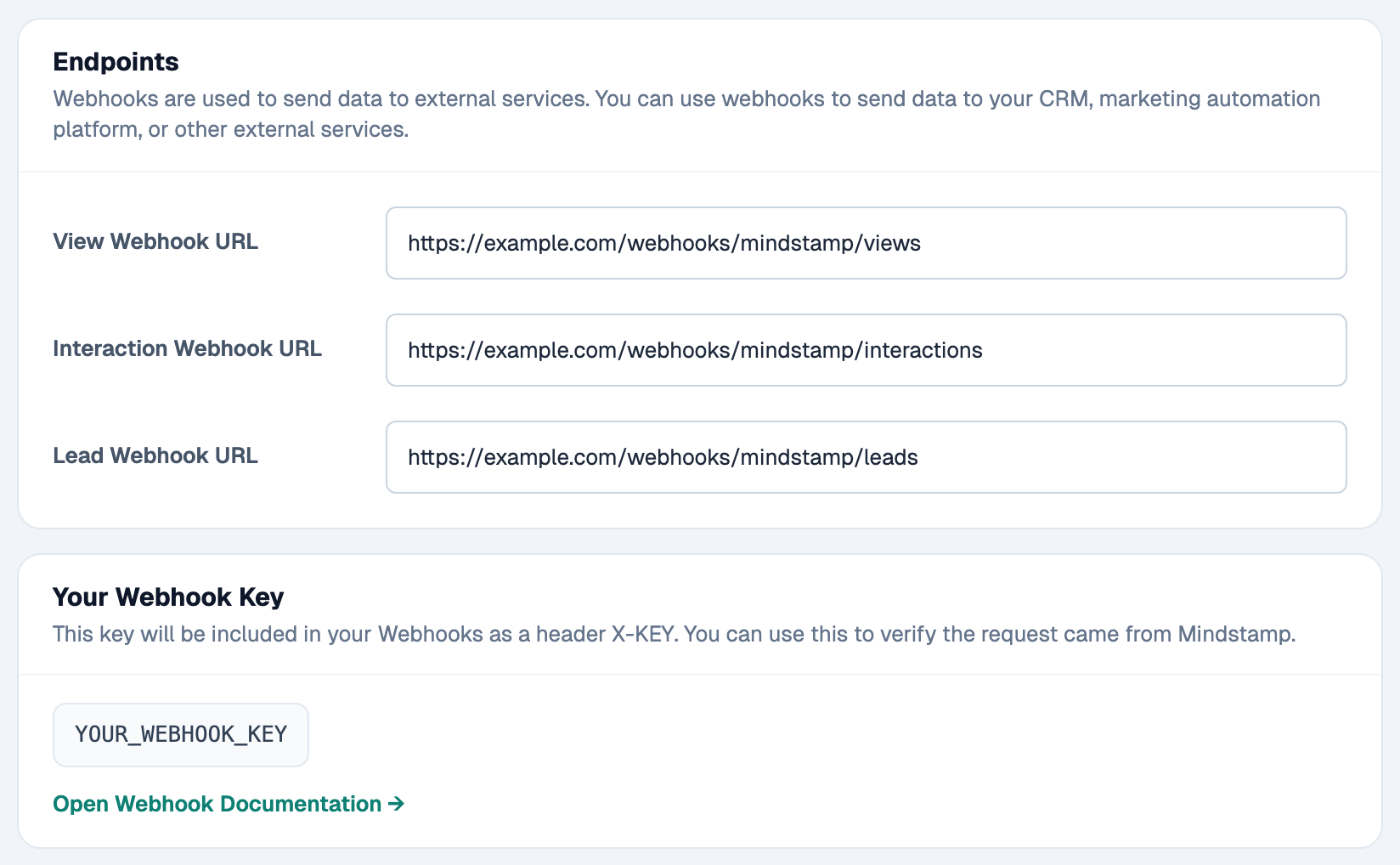 Account webhook endpoint fields and webhook key.