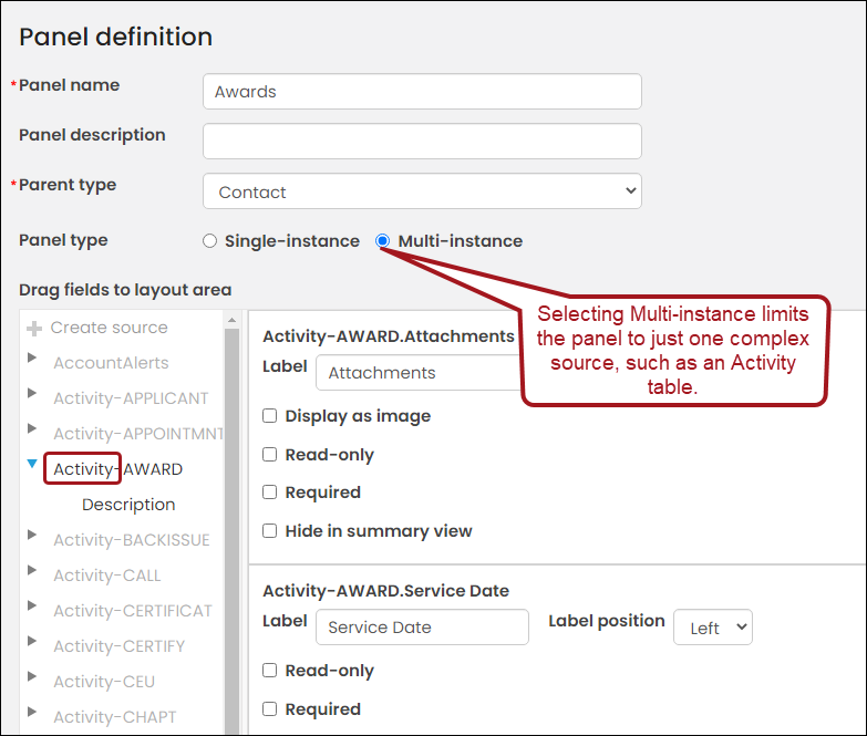 Selecting a multi-instance panel