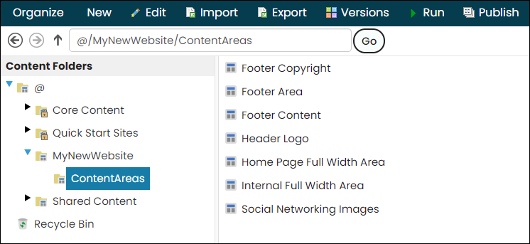Navigating to the following folder path: @/YourWebsiteName/ContentAreas