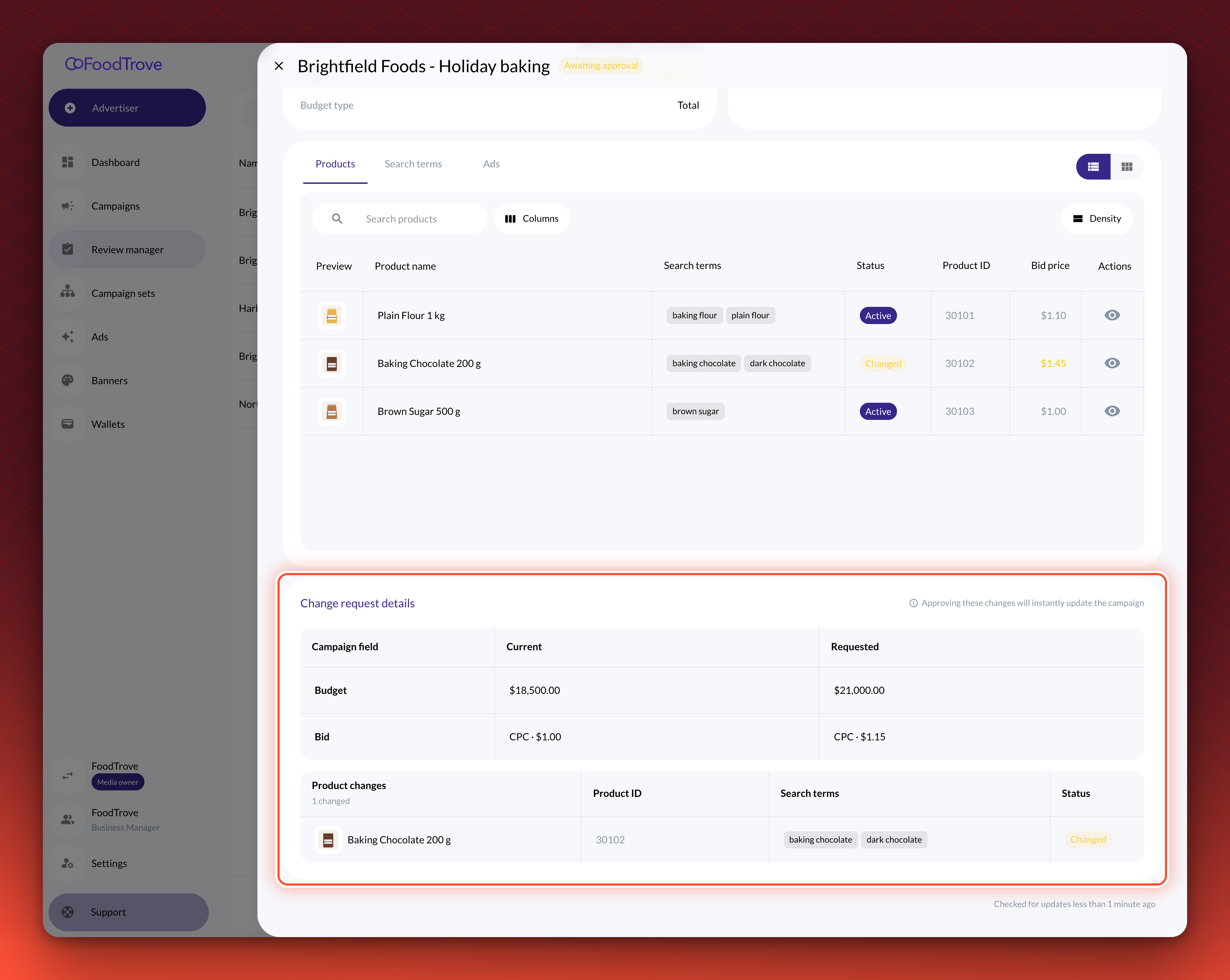 The request panel scrolled to the Change request details. The grid lists the Current and Requested values for each changed field, and the product changes are marked Added or Changed.