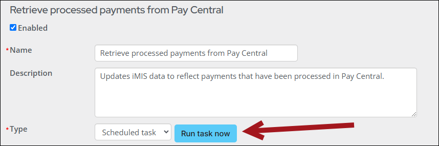 Clicking the run task now button