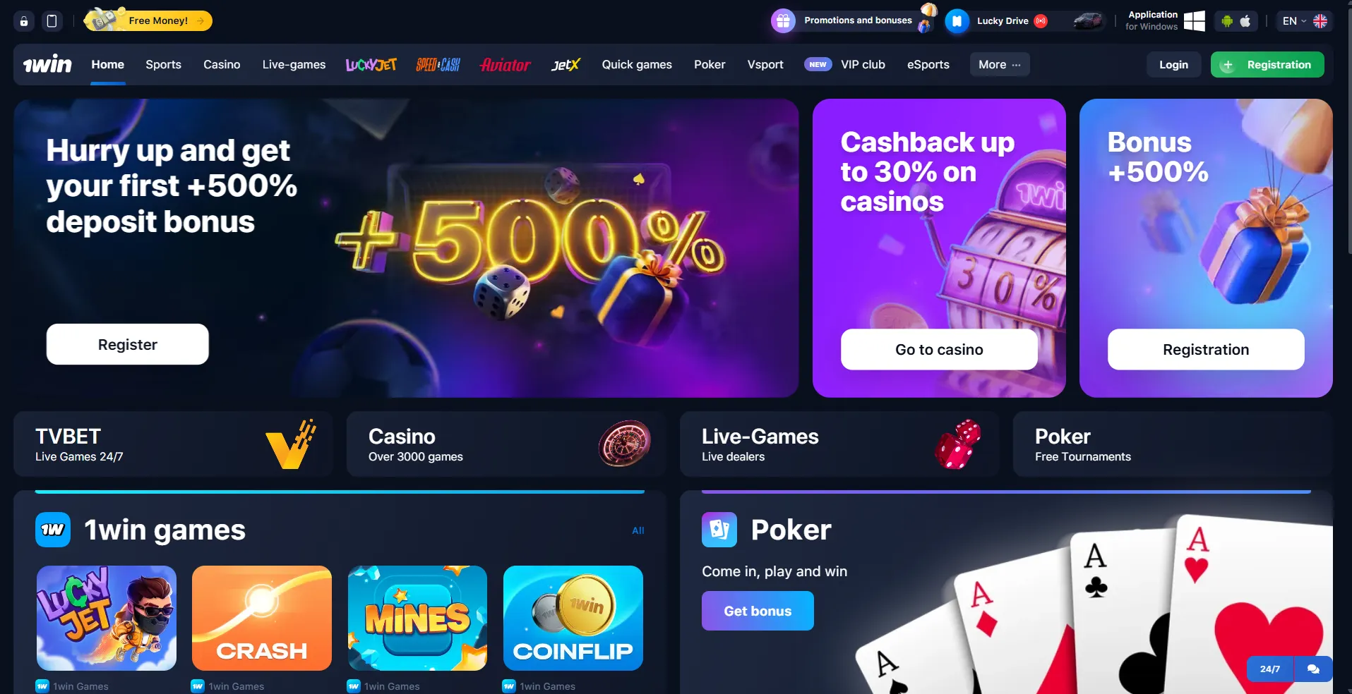 1win casino homepage showcasing a +500% deposit bonus, cashback offers, and featured games like Crash, Mines, and Poker