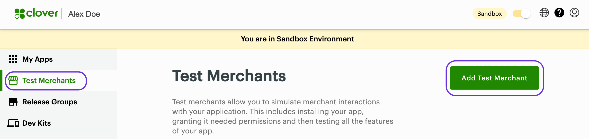 Global Developer Dashboard: Add Test Merchant