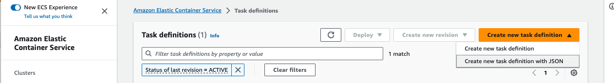 Select Create new task definition with JSON