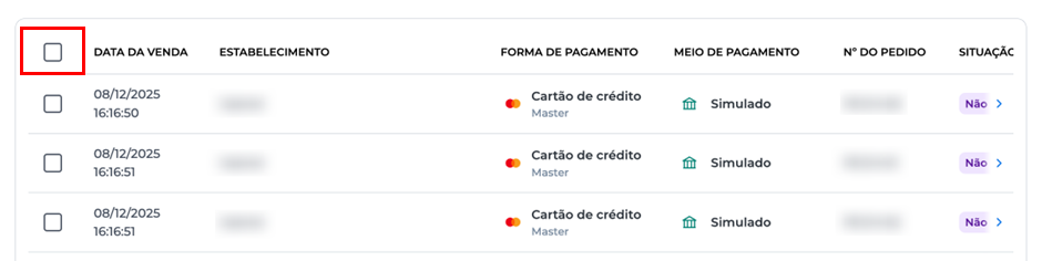 Lista de transações no Portal E-commerce com checkboxes à esquerda e botão “Capturar transações” no topo.