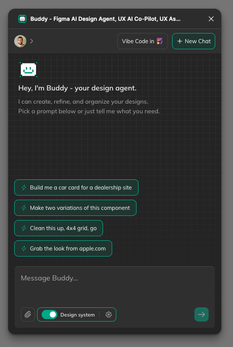Buddy installed from the Figma Community page and launched from the Plugins menu