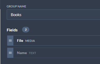 A CMS Group called "Books", with two fields; a field called "File", (type Media) and another field called "Name", (type Text).