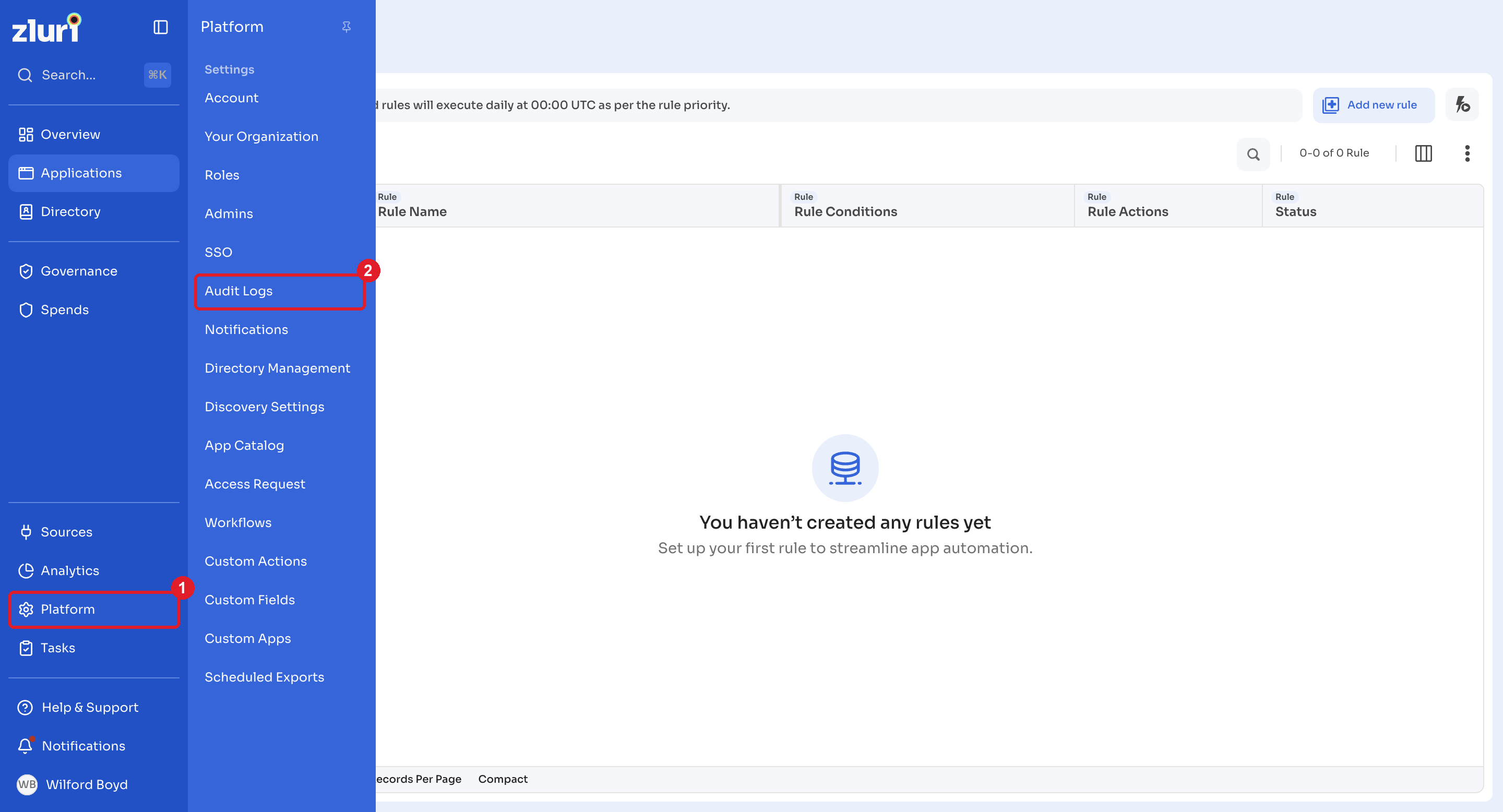 Platform menu with Audit Logs selected under Settings