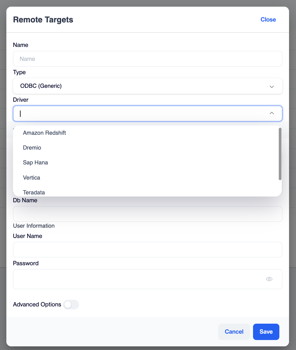 ODBC (Generic) fields in the Remote Targets dialog showing Driver, Server Information and User Information