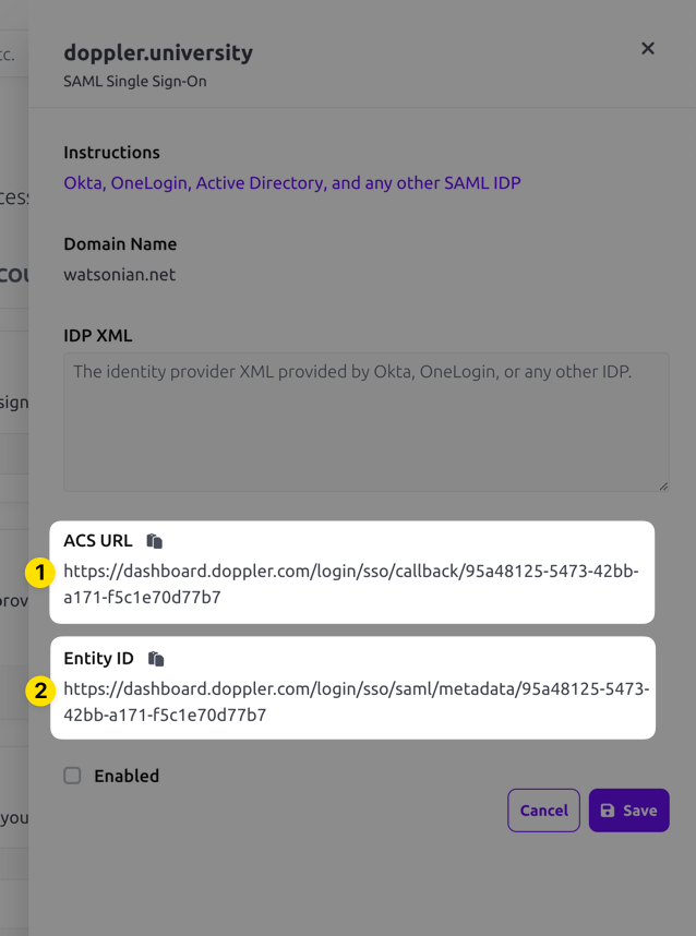 Screenshot of modal in Doppler UI showing configuration of SAML connection