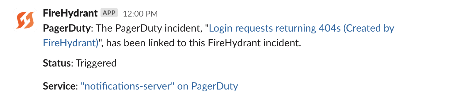 Example timeline event/Slack message when an alert is created via automatic service paging