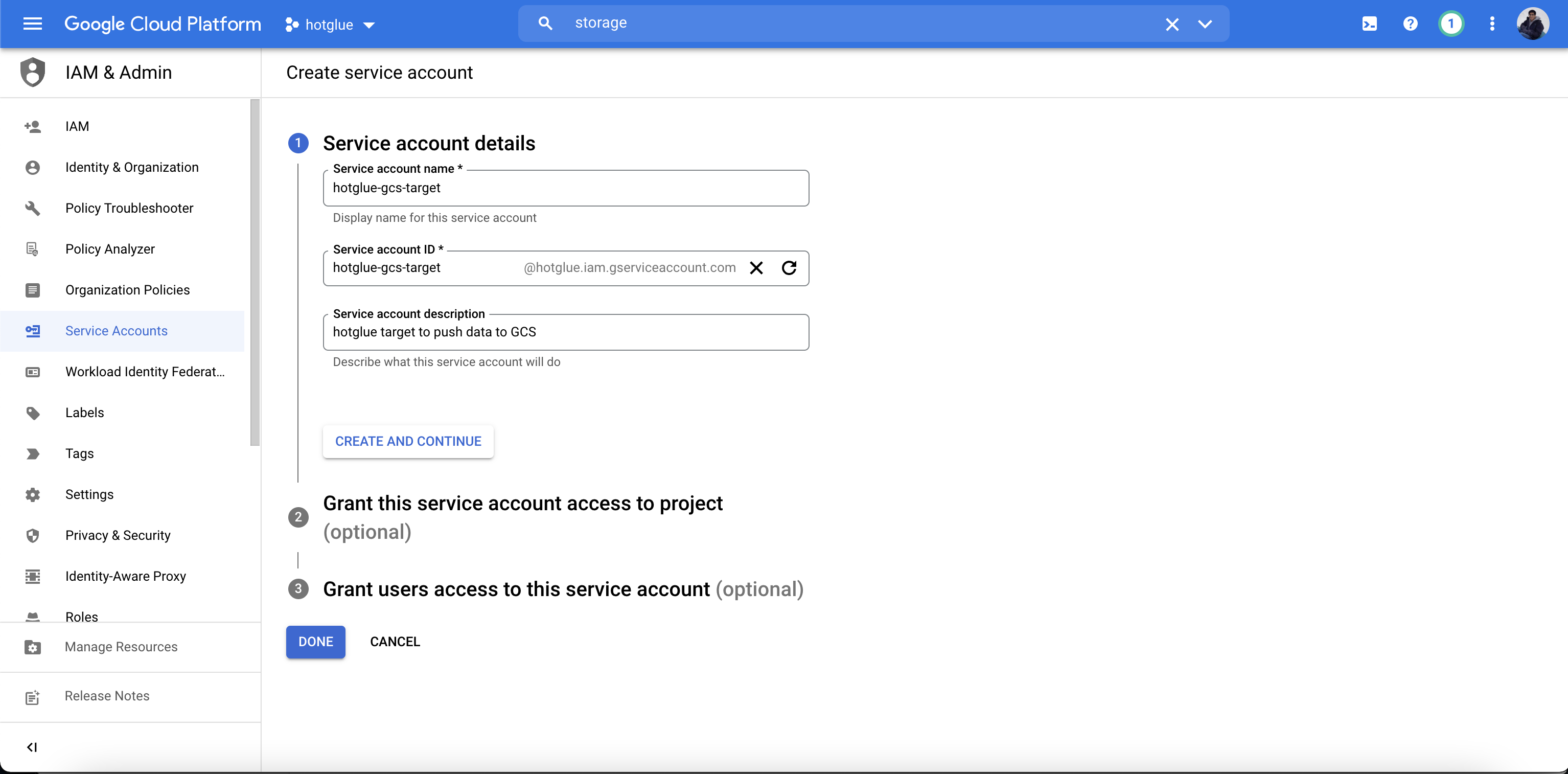 Fill service account details