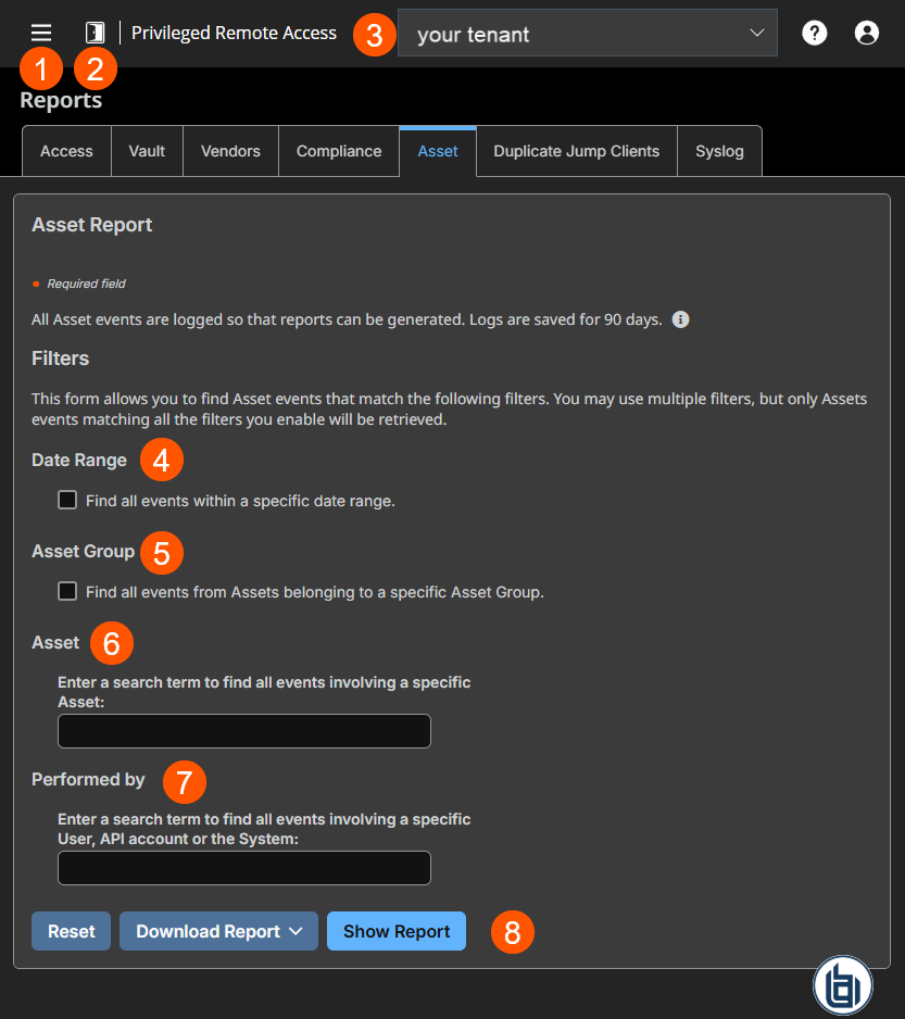 An image of the "Asset Report" page in a Privileged Remote Access system. The interface includes filtering options for date range, Asset Group, specific Asset, and performed by criteria. Users can enter search terms to refine results. Action buttons include Reset, Download Report (dropdown), and Show Report.