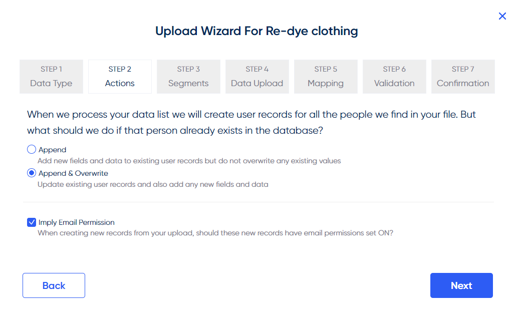 If** Imply Email Permission** is ticked on the **Actions** tab, then anybody with a **null/blank email permit value** _(someone that doesn’t already exist in the database_) will be **opted in** and given an email permit value of** Y**.