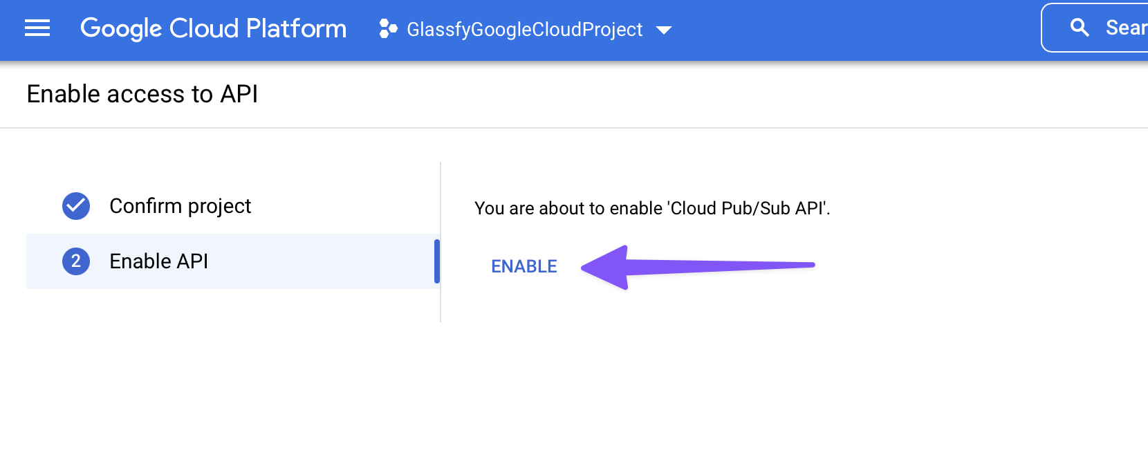 Screenshot showing enabling the Cloud Pub/Sub API