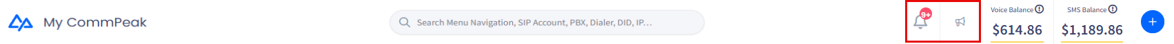Screenshot of the bell contril button for viewing CommPeak Portal notofocations