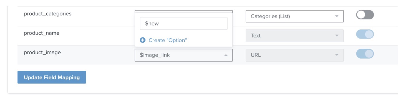 Configure field mapping page showing Create “Option” in Klaviyo with an Update Field Mapping button in blue in the bottom left corner