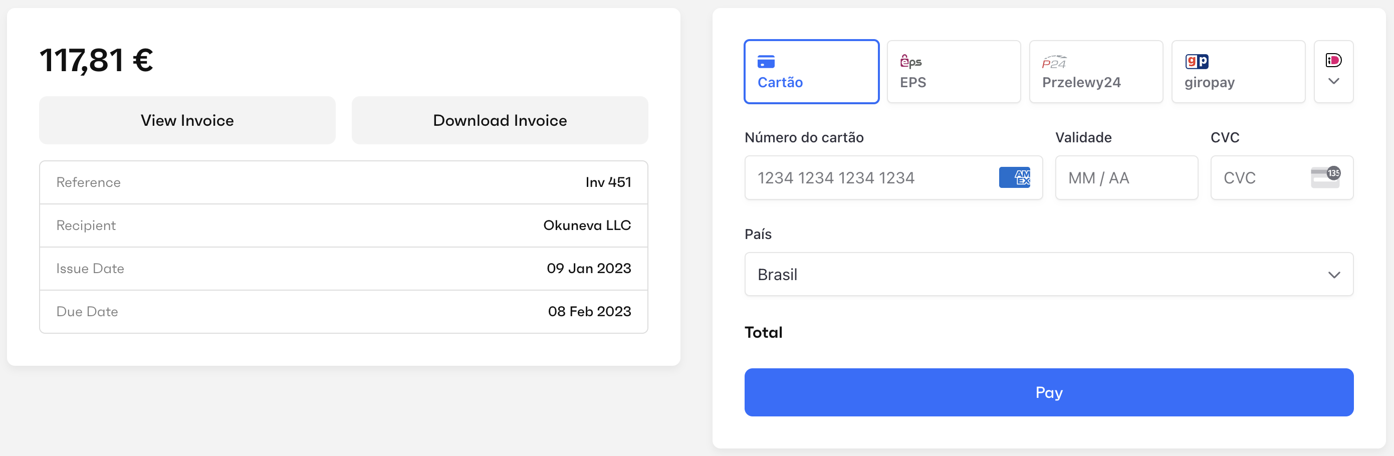 Example of partner payment screen displaying the available payment methods.