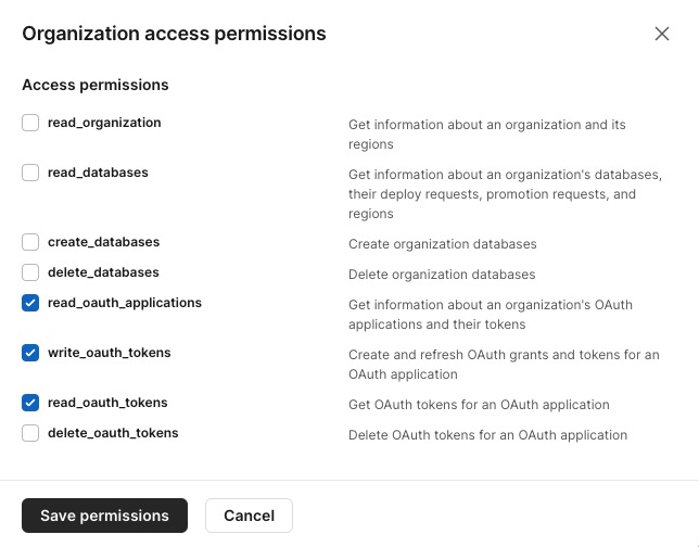 Shows the read_oauth_applications, write_oauth_tokens, read_oauth_tokens scopes selected.