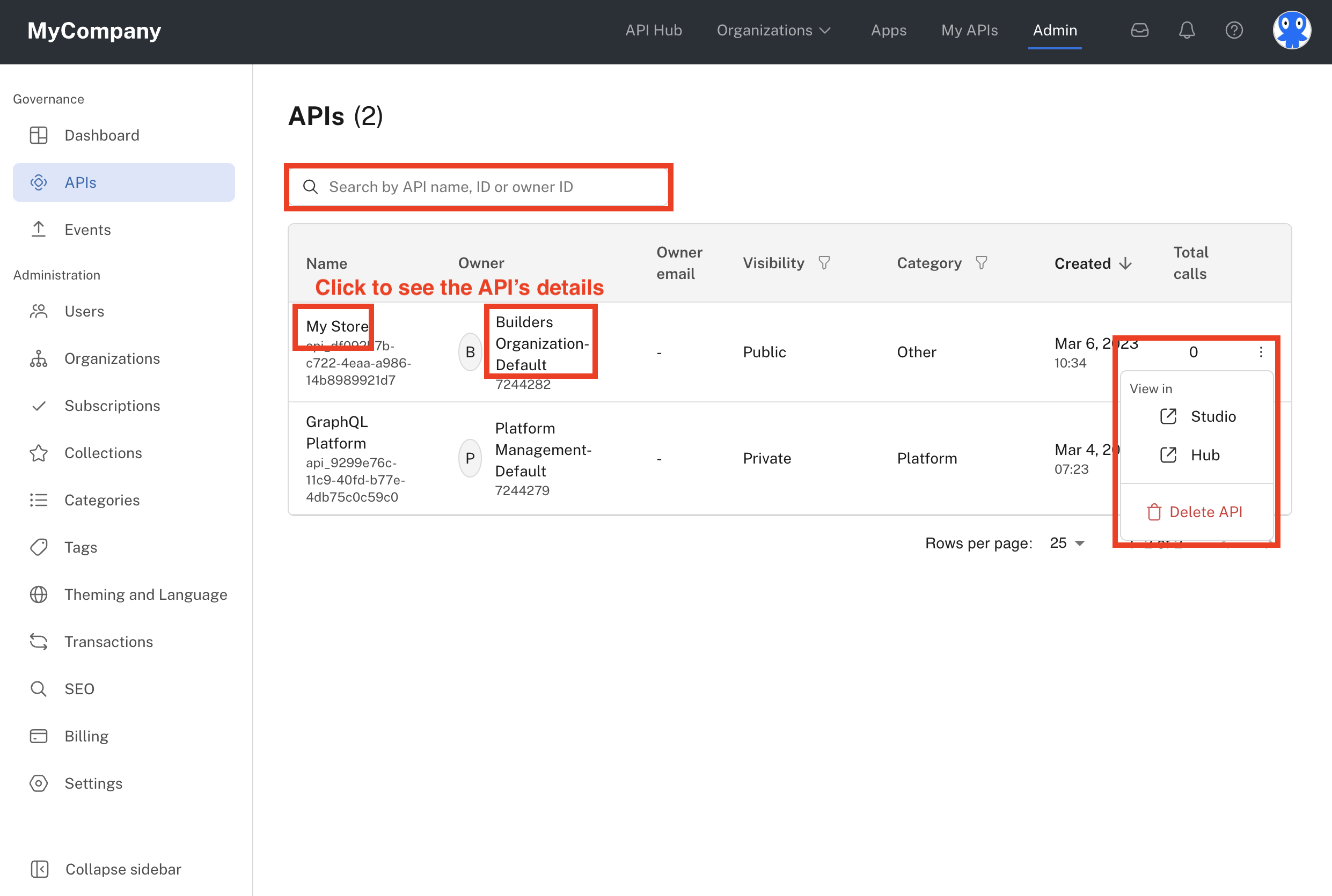 APIs tab in the Admin Panel