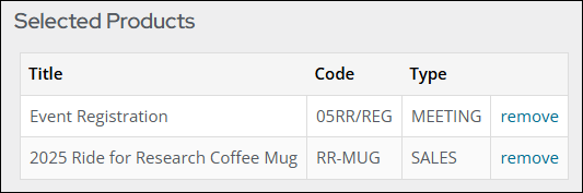 The Products tab for the Direct Mail Appeal displays the Ride for research Coffee mug and Event registration products.