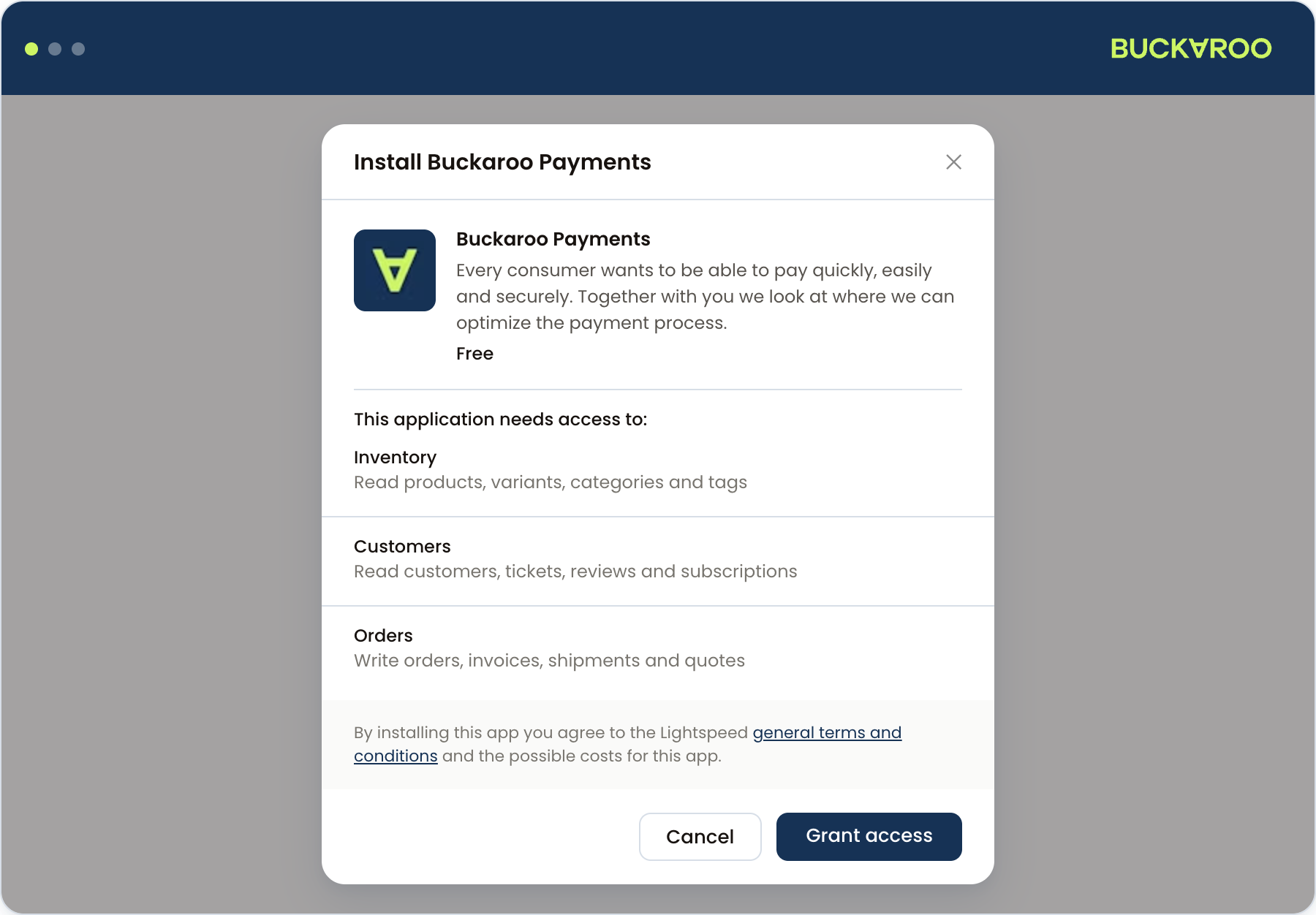 Grant access in Lightspeed to install the Buckaroo app
