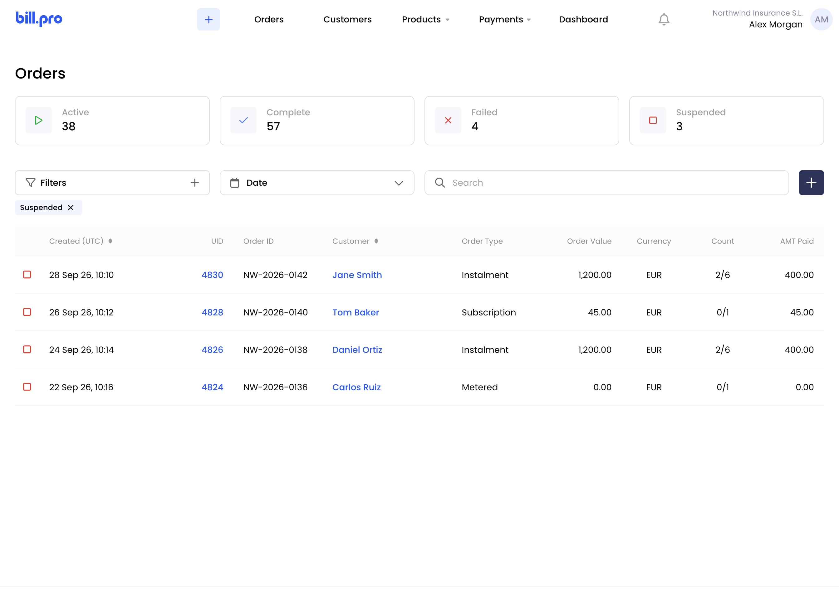 The Orders list filtered to Suspended orders