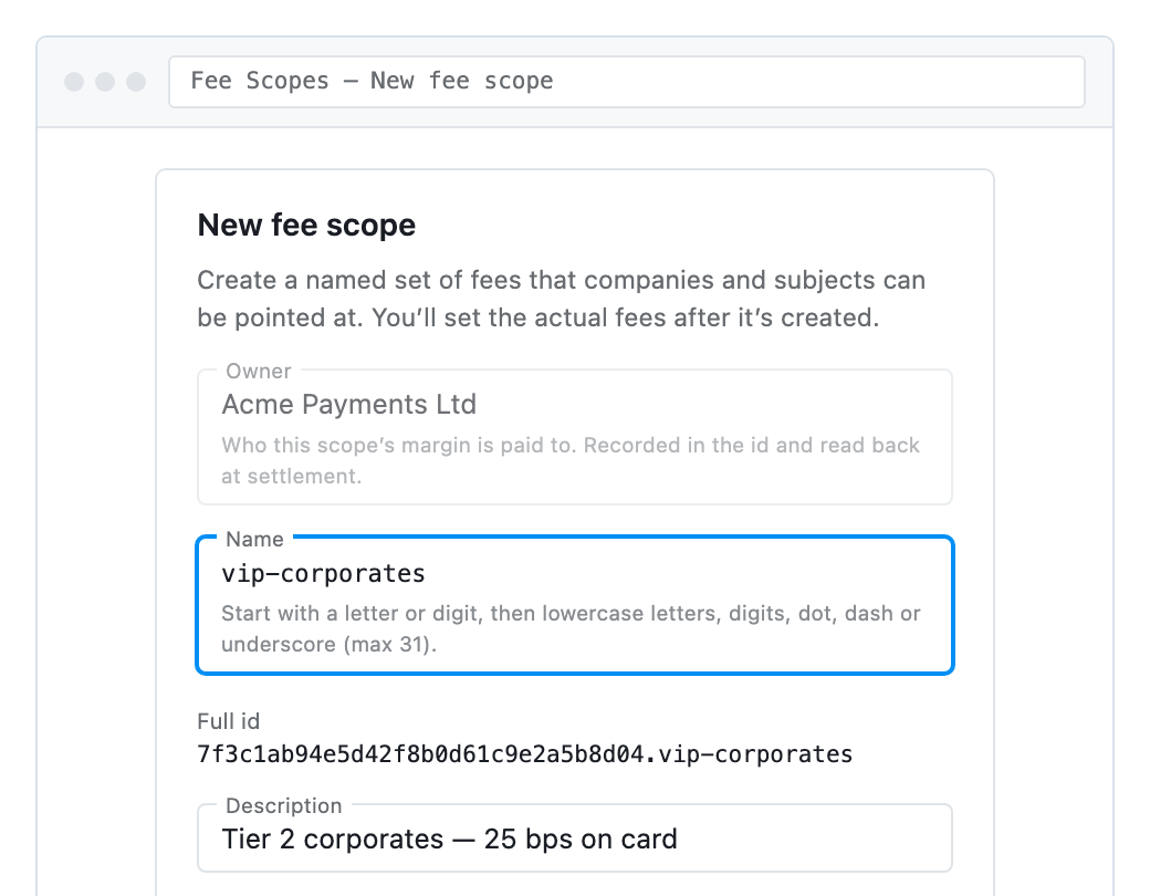 The New fee scope dialog, with Owner locked to the partner company