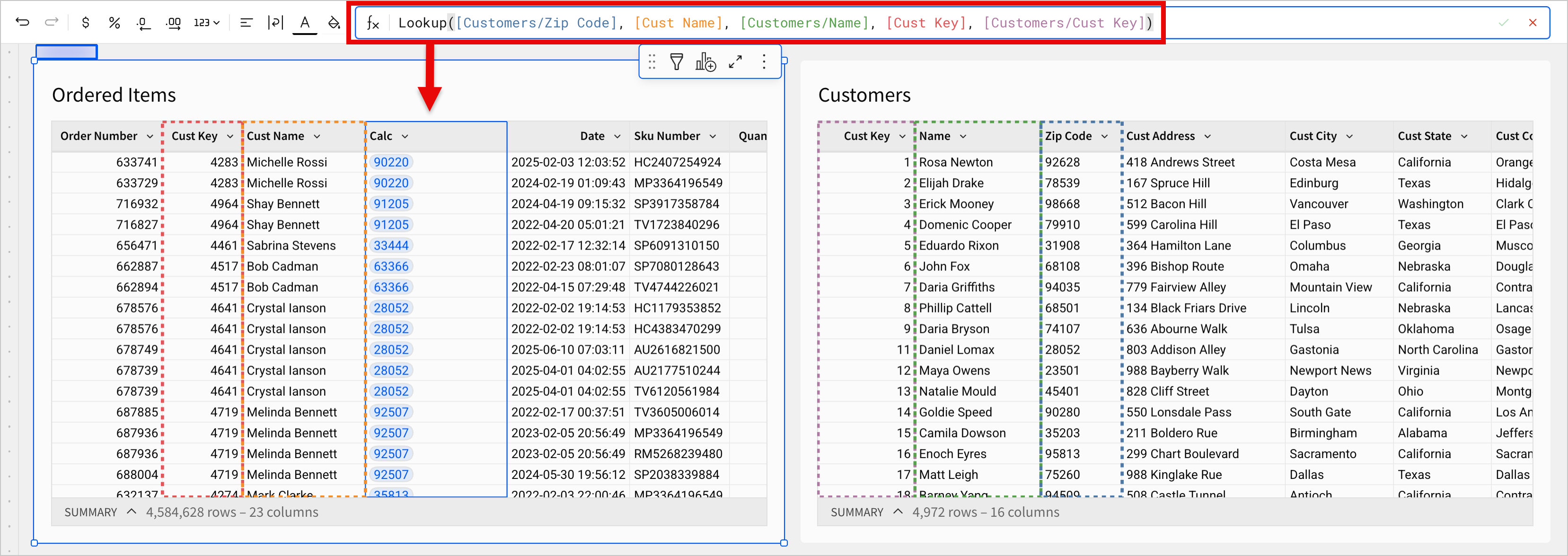 A user enters the provided example formula in the Sigma UI, demonstrating the output over several records in a table.