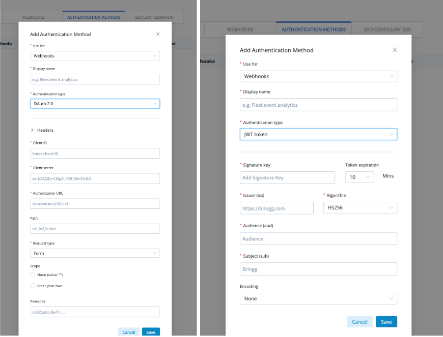 Images of adding OAuth 2.0 (left) and JWT (right) Authentication Methods