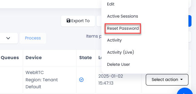 Screenshot with the Reset Password menu in Actions