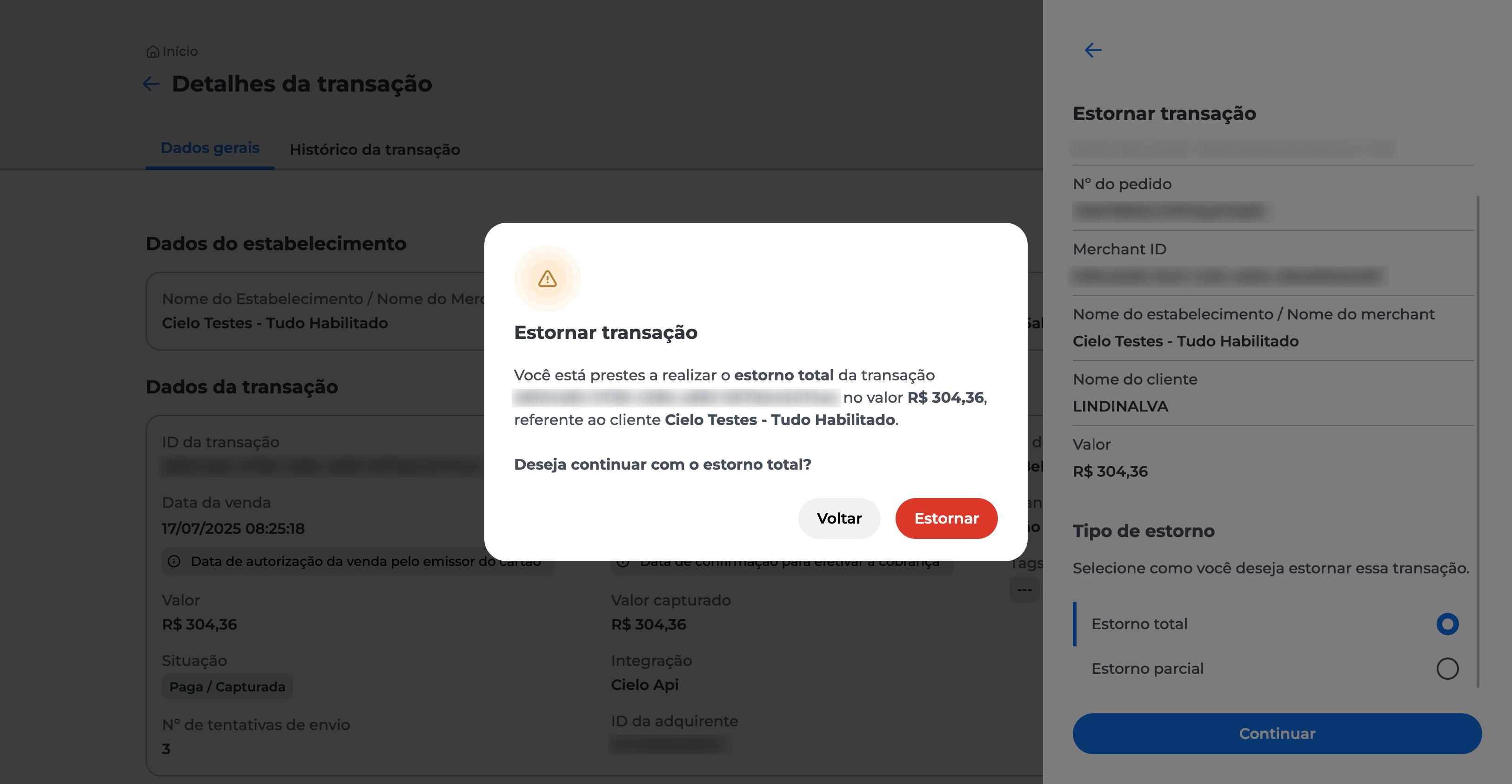 Tela de confirmação do estorno exibida; opção "Estornar" disponível para confirmar e prosseguir com o cancelamento da transação.