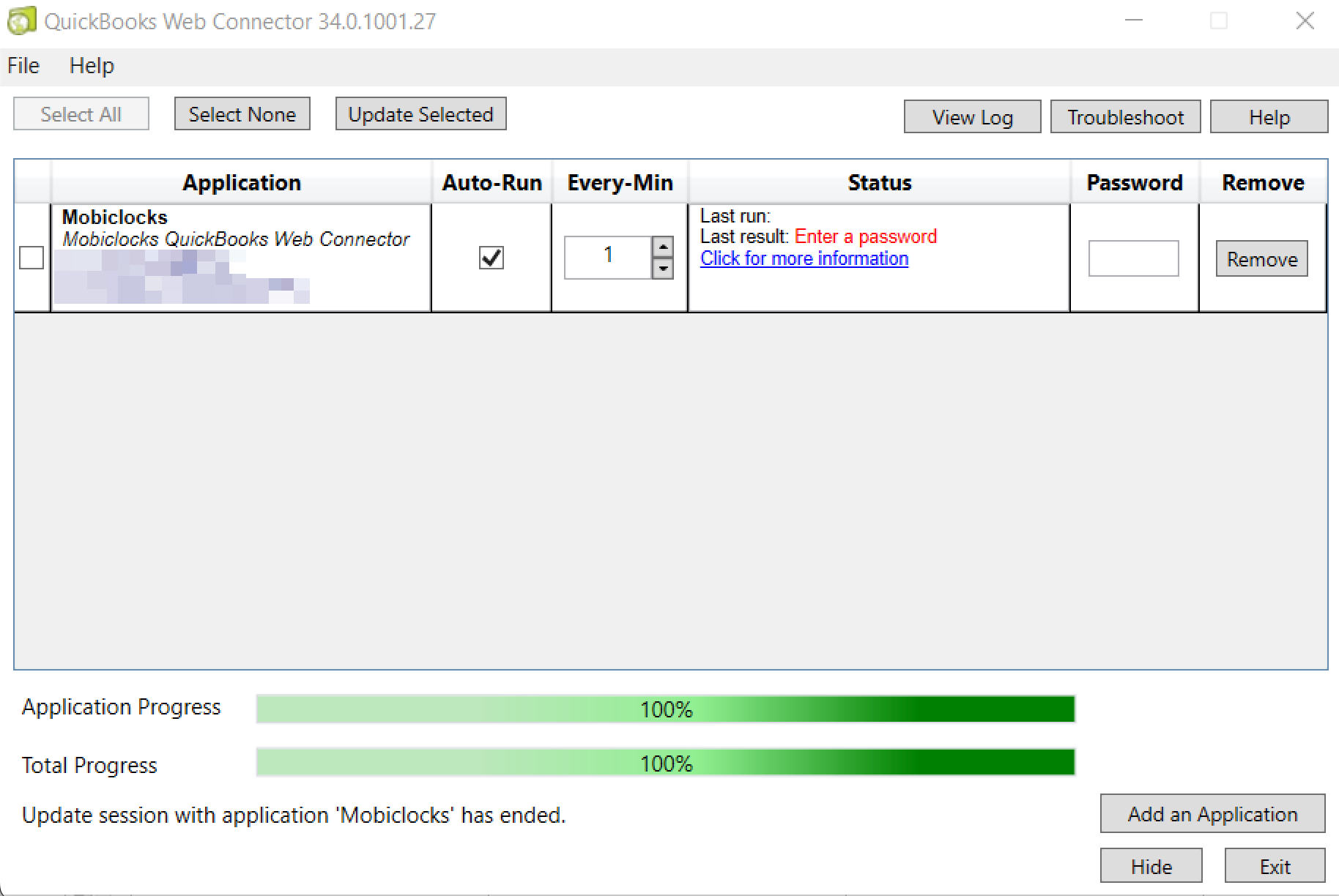 MobiClocks application added to QuickBooks Web Connector