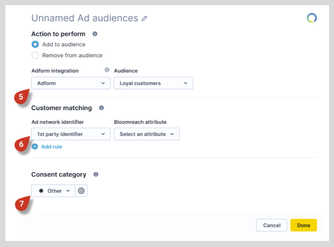 Ad audiences configuration panel displaying Adform integration, audience selection, customer matching, and consent category settings