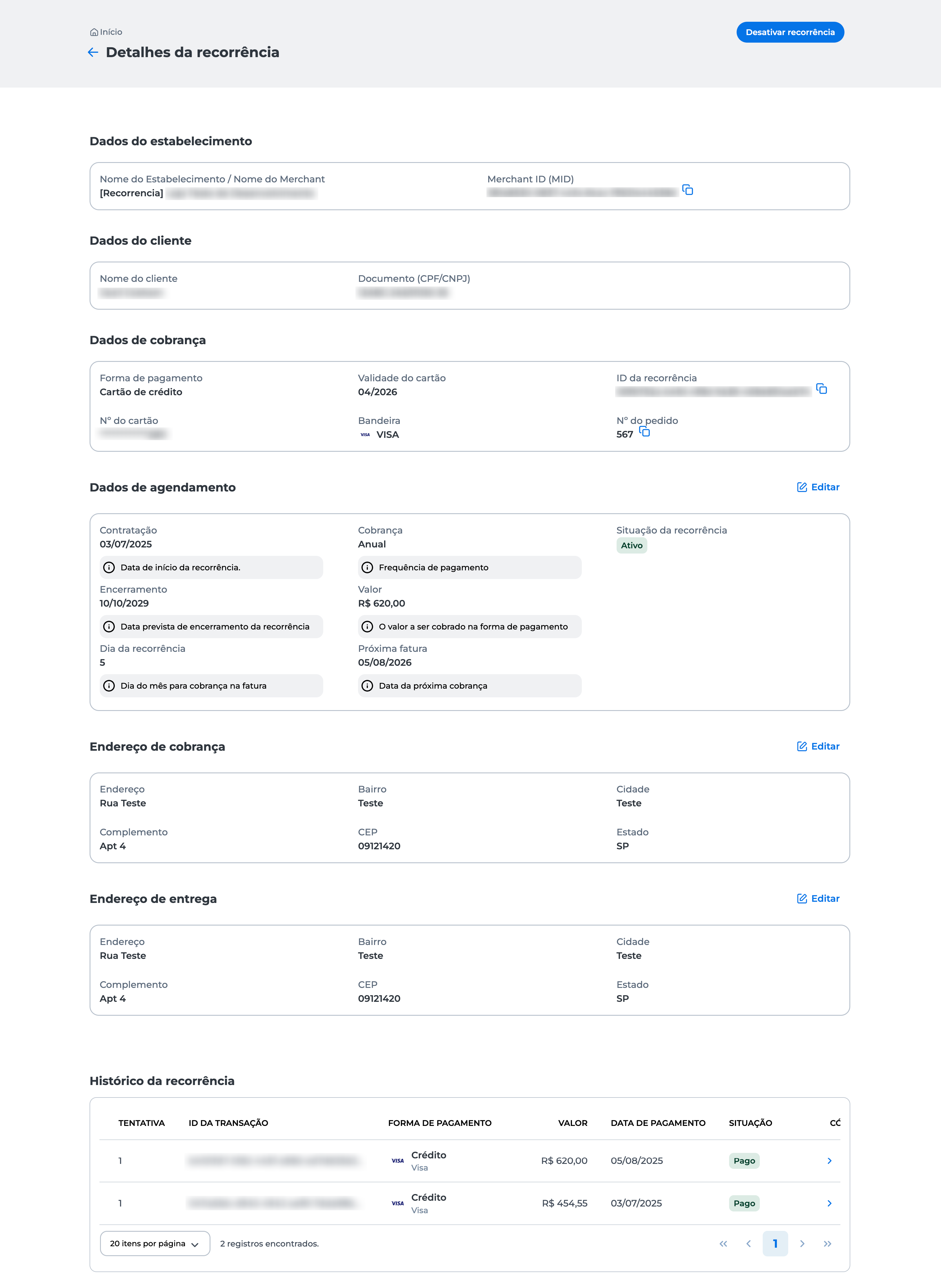 Tela de edição de recorrência no Portal E-commerce da Cielo, exibindo campos para alterar dados de agendamento, endereço de cobrança e endereço de entrega, com botão "Salvar" destacado.