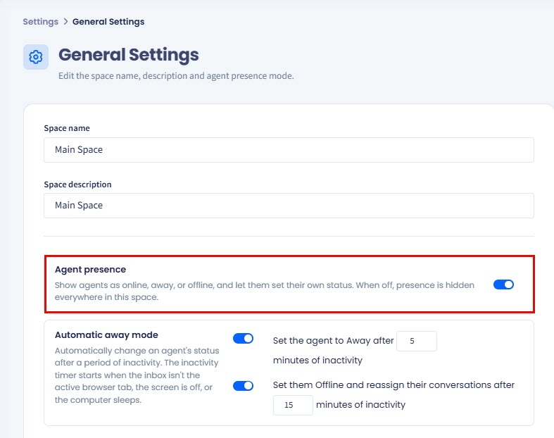 Screenshot of the General Settings page: Agent presence toggle