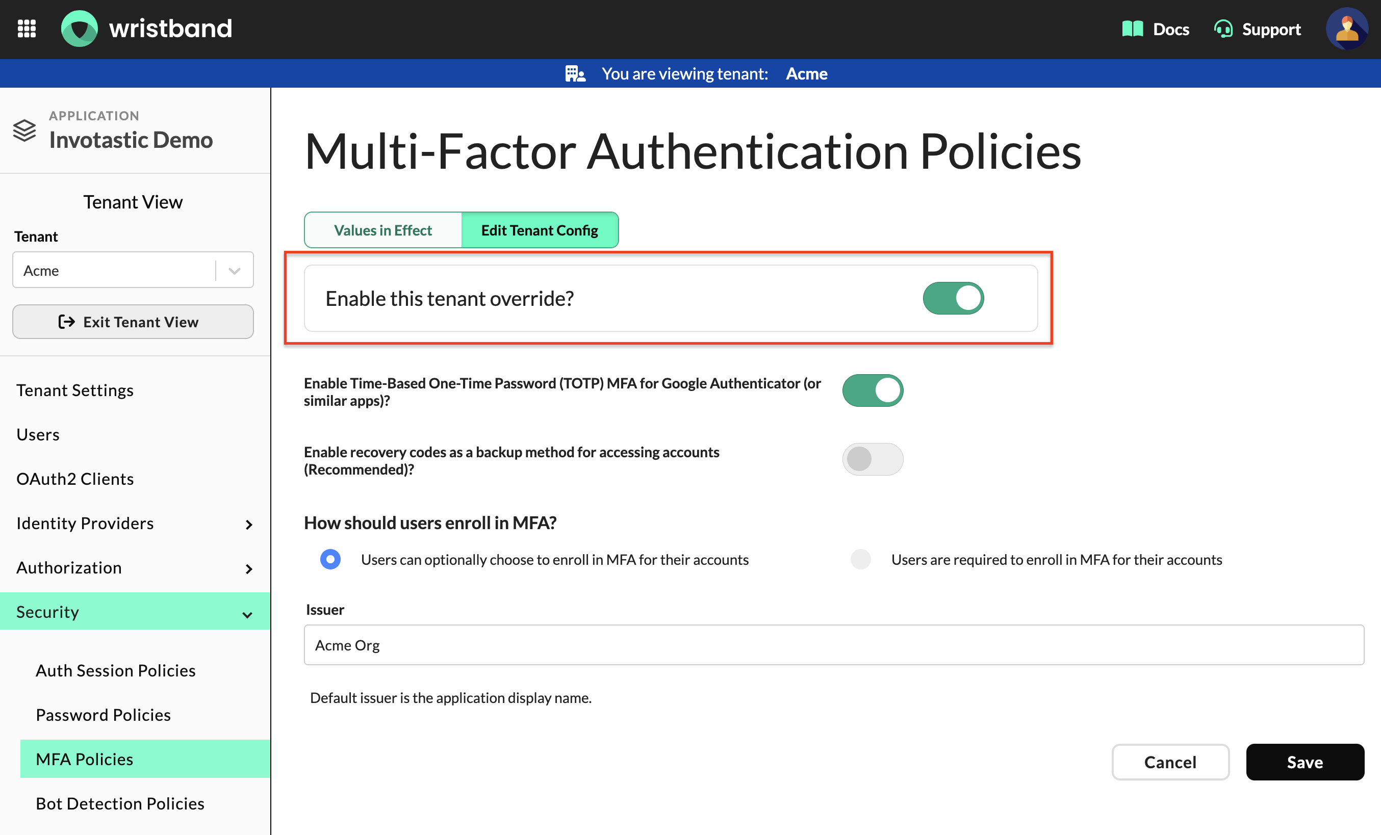 MFA Policies configuration in Tenant View with the tenant override toggle enabled.