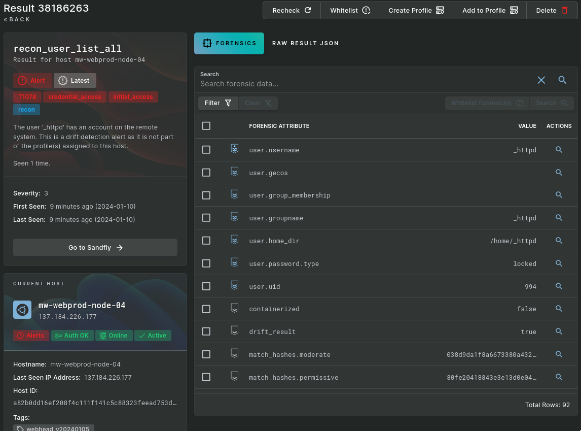 Screenshot of a result detail view showing a new user recon drift alert.