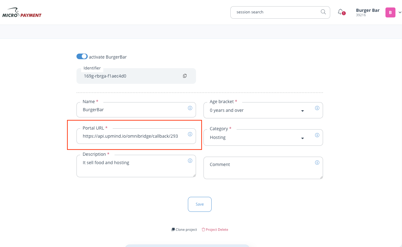 Paste the provider webhook URL from your Upmind dashboard into the Portal URL section of the project you just created in Micropayment