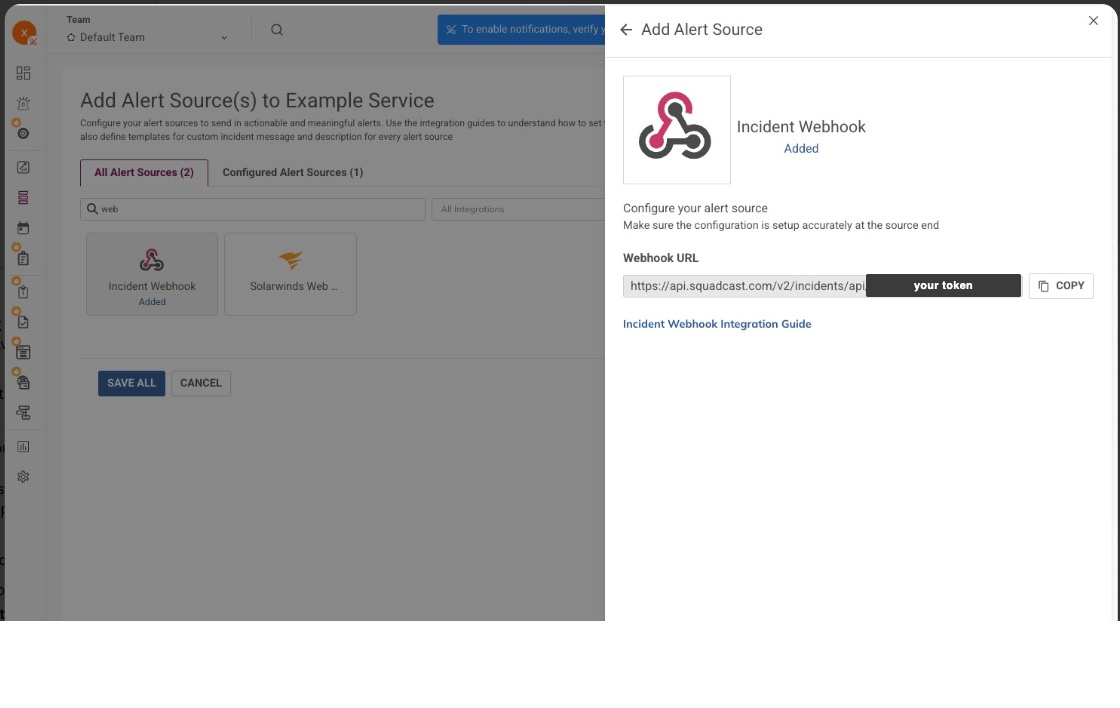 The Add Alert Source panel showing the generated Webhook URL and the COPY button, with the token redacted