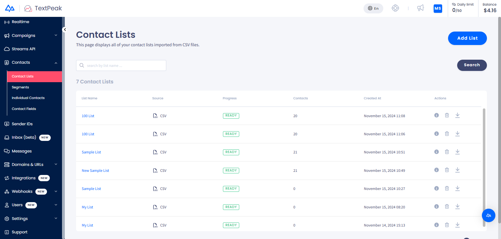 **Contact Lists** menu tab