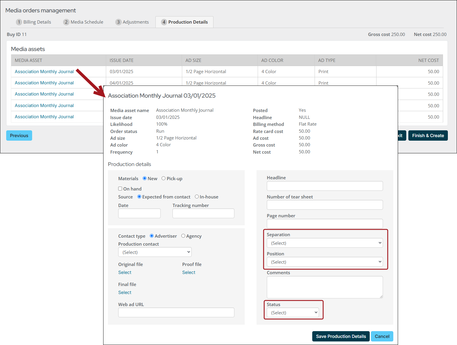 Select the name of the Media asset to open the Production Details page.