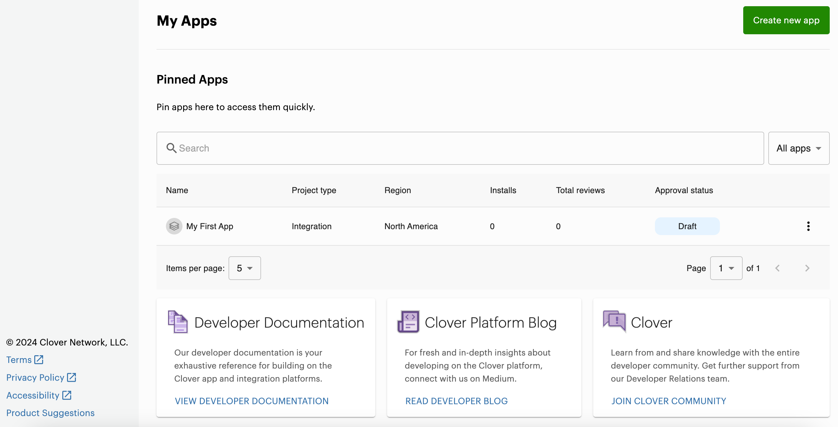 Global Developer Dashboard—Pinned Apps