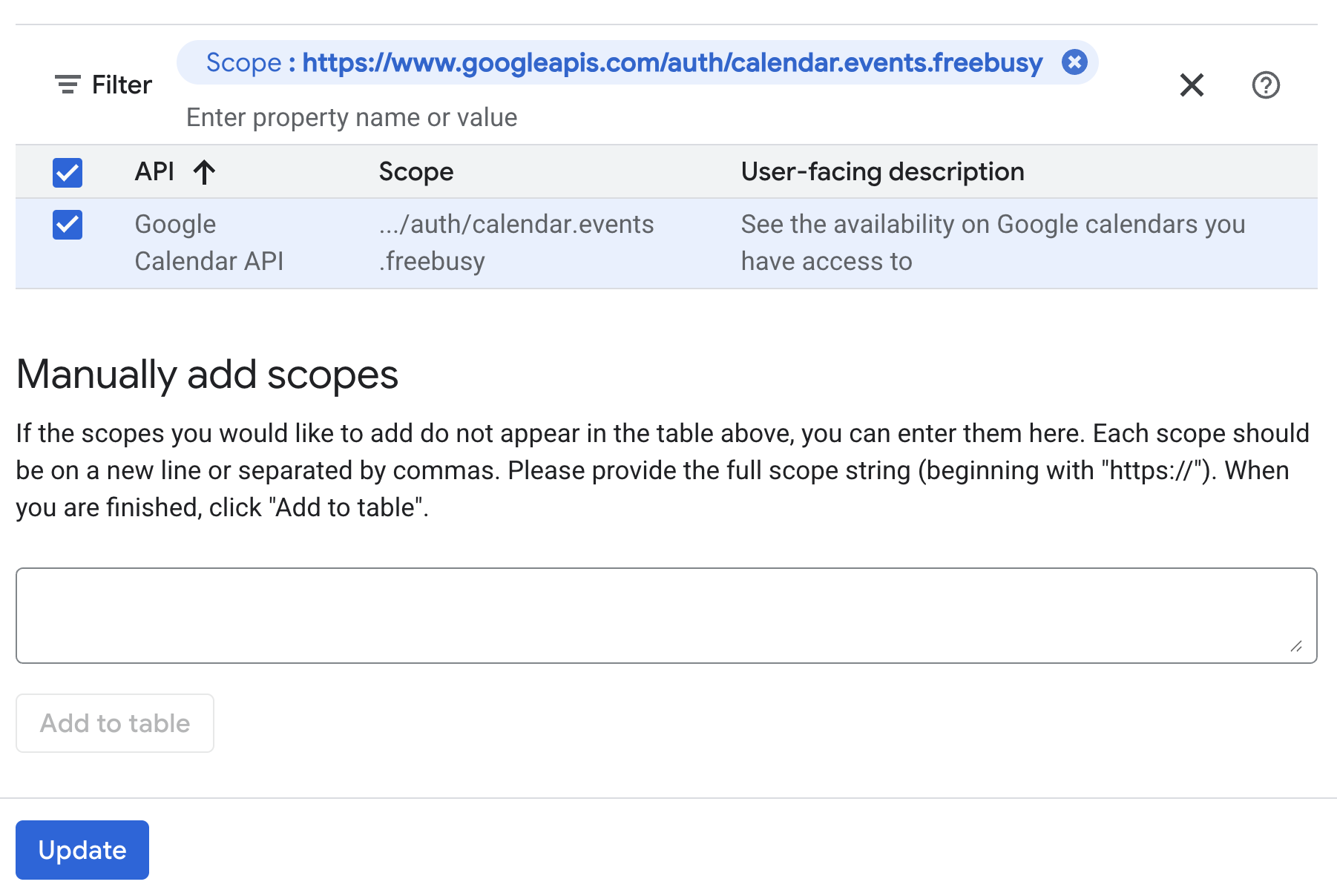 A screenshot of the Google Workspace cloud admin console showing how to enable the scope https://www.googleapis.com/auth/calendar.events.freebusy web app