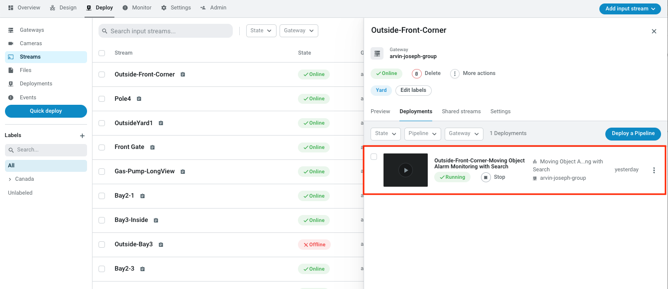 Pipeline stream in the source Stream's deployment tab 