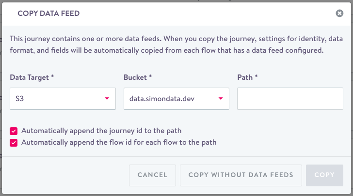 You will find specific options around data feeds when copying a journey.